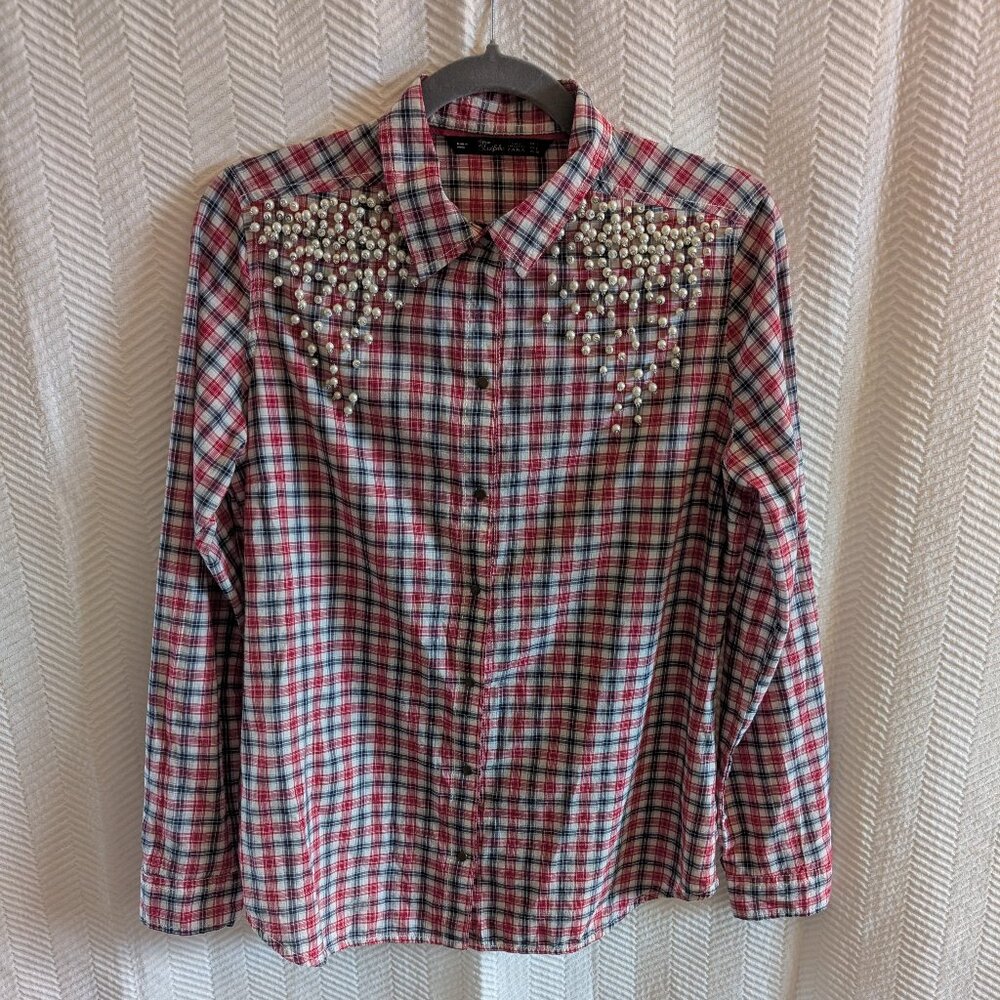 Zara Pearl Embellished Red Plaid Collared Shirt Snap Buttons Western Size Large